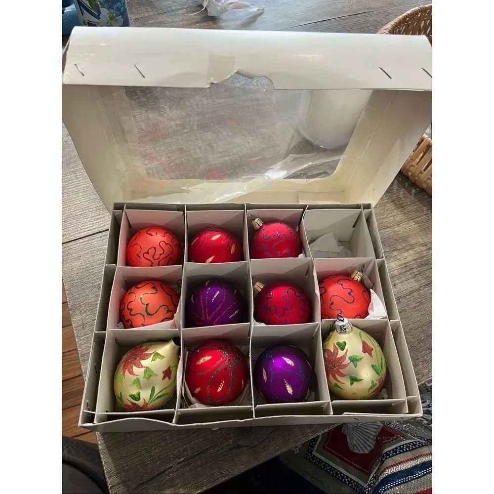 **RARE** Crate and Barrel Box of Jeweltone Glass Ornaments - Set of 11 vintage C